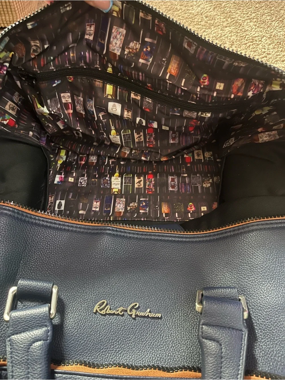 Robert Graham Blue Leather Duffel with Contrast Trim